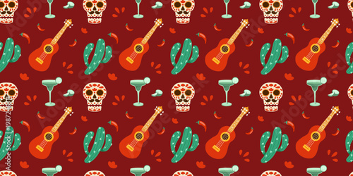 Sugar skull, guitar, cactus, chili and margarita seamless pattern. Colorful Mexican fiesta, Cinco de Mayo vector hand drawn illustration on red background for textile, wrapping, fabric, packaging