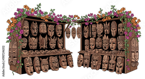 wooden masks on display with colorful flowers around