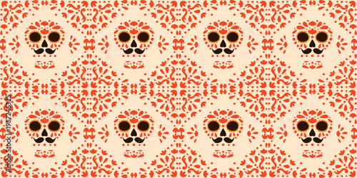 Sugar skull and floral symmetrical ornament. Abstract seamless pattern. Traditional Mexican Day of the Dead style vector illustration on light background for textile, wallpaper, wrapping, packaging