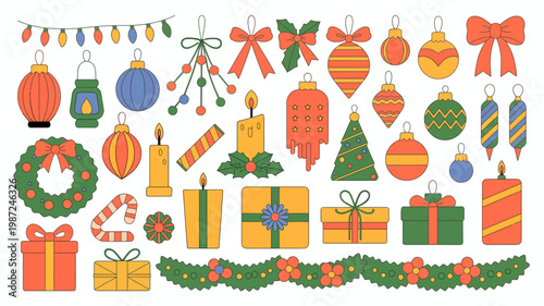 A colorful collection of christmas ornaments garlands gifts and candles are arranged on a plain white background high quality professional detailed modern elegant stylish clean crisp