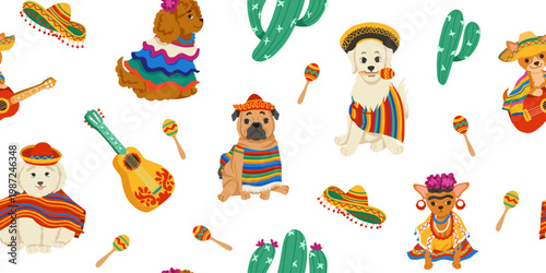 Mexican fiesta dogs seamless pattern with guitar, sombrero and maracas. Cinco de Mayo holiday. Cute cartoon characters, festive vector illustration on white background for textile, wrapping, fabric