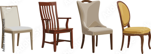 Elegant Chair Vector Set Featuring Wooden, Upholstered, and Classic Chairs for Furniture, Interior Design, and Home Decor Illustrations