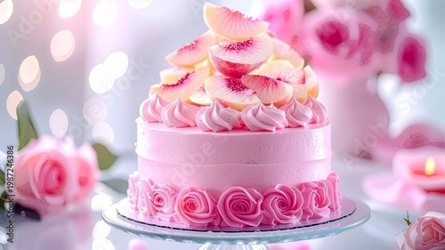 ペールピンクの白桃のお花のケーキ