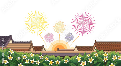 Fireworks exploding over traditional Japanese buildings with flowers