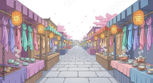 Vibrant Asian street food market with colorful stalls and lanterns