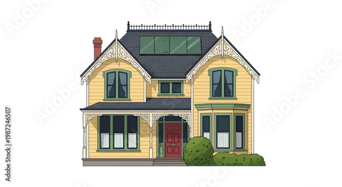 yellow house with green trim and red door illustration