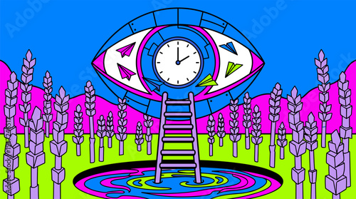 Floating Mechanical Eye with Clock Pupil Over Geometric Lavender Field Pop Surrealism Flat Illustration with Bold Outlines