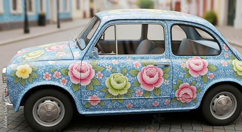 retro car flower design on the road