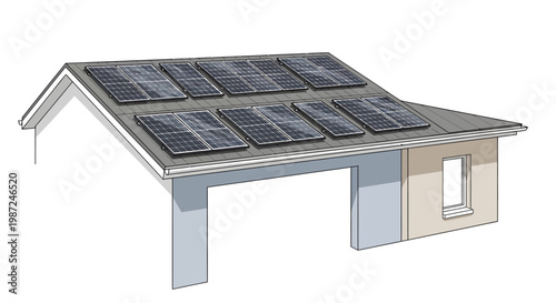 Solar panels on a house roof, renewable energy system