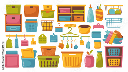 A colorful cartoon illustration depicts various storage containers including boxes baskets and shelves arranged in a playful organized manner high quality professional detailed modern elegant stylish