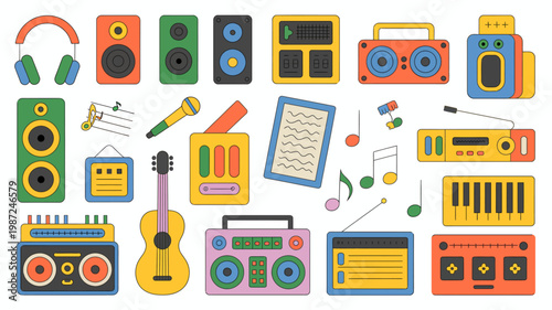A colorful collection of vintage audio equipment and musical instruments are displayed on a white background creating a playful scene high quality professional detailed modern elegant