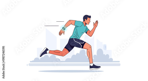 young man running in cityscape illustration