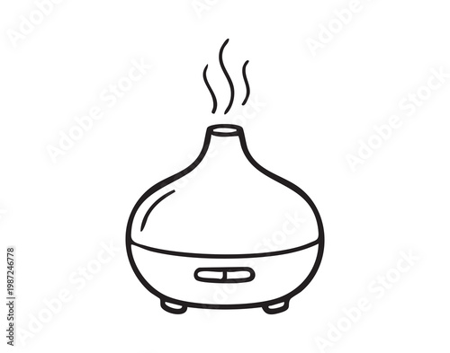 Diffuser releasing gentle steam on nightstand minimalist bedroom scene with soft ambient light, subtle essential oil fragrance, modern decor, calming mood for relaxation and sleep preparation