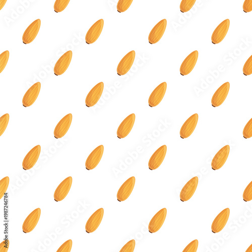 Yellow corn cobs repeating on a white background creating a seamless pattern