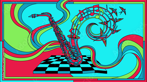 Vintage Saxophone Transforming Music Into Birds Pop Surrealism Flat Illustration Bold Outlines