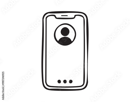 Mobile screen with profile icon, minimal monochrome line illustration of avatar and navigation dots representing contact management, app interface, quick access, and digital communication.