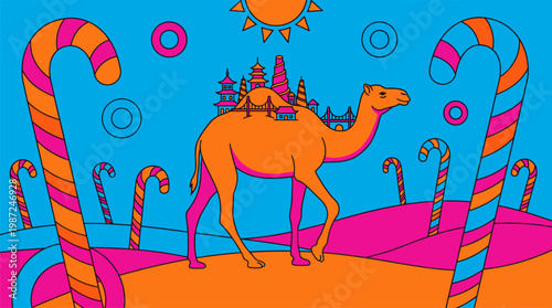 Desert Camel Carrying Miniature Pagoda Cityscape Pop Surrealism Flat Illustration with Bold Outlines