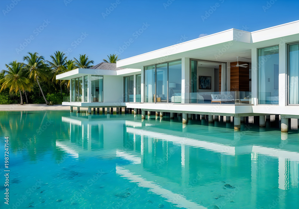 Fototapeta premium A luxurious modern villa overlooking a serene turquoise pool and palm trees