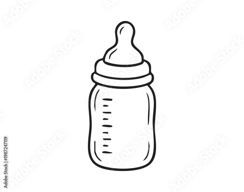 Simple baby bottle hand drawn sketch, narrow neck with nipple, measurement markings, milk formula concept, sterilized nursery object, feeding accessory for newborn care, minimalist product icon