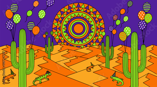 Saguaro Cacti With Balloon Fruit In A Surreal Desert Landscape Pop Surrealism Flat Illustration With Bold Outlines