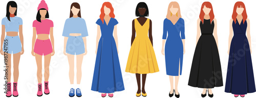 Fashionable Women Outfit Set with Diverse Dresses, Casual and Formal Styles for Modern, Trendy Clothing, and Fashion Illustration Designs