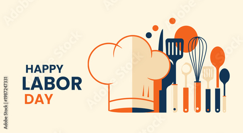 Happy Labour Day Culinary Celebration with Kitchen Utensils and Chef Hat Illustration