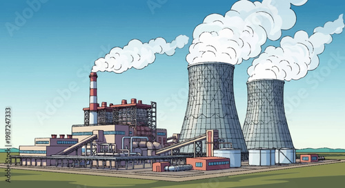 Illustration of a Coal Power Plant with Cooling Towers.
