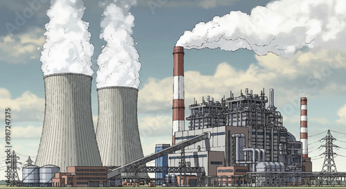 Illustration of a Coal Power Plant with Cooling Towers and Smoke.