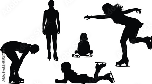 Professional ice skater silhouette collection featuring female athletes performing jumps and stretches wearing ice skates isolated on white background for winter sports design