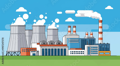 Illustration of a Nuclear Power Plant with Cooling Towers and Chimney.