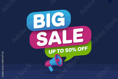 Colorful big sale up to fifty percent off advertisement with megaphone on dark background