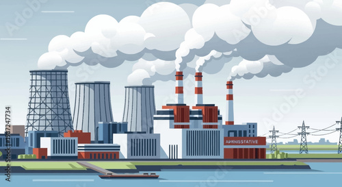 Illustration of a Nuclear Power Plant with Cooling Towers and Smoke.
