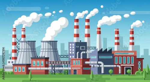 Industrial Power Plant with Smoking Chimneys and Cooling Towers.