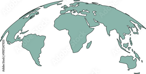 Curved world map, silhouette, blue half Earth globe vector design showing all major continents symbolizing global trade business networks geography and international travel concept.