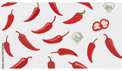 Red hot pepper seamless pattern chili cayenne tabasco vector food background