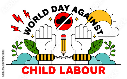 World Day Against Child Labour awareness campaign illustration with hands and chained cuffs