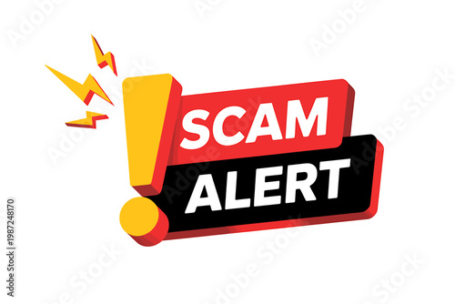 Scam alert sign with exclamation mark and lightning bolts warning symbol