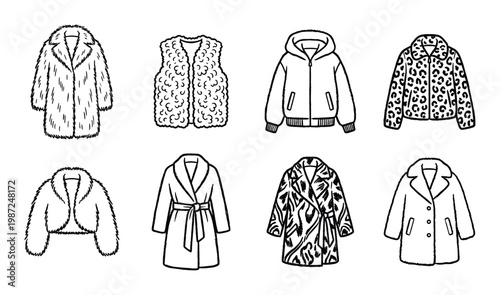 Luxury fur coat outline set on transparent background for fashion and apparel designs