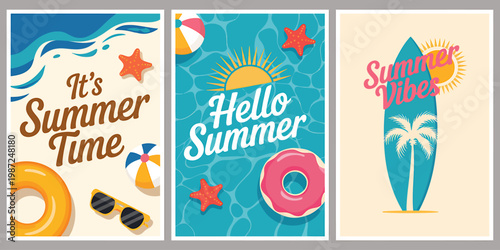 Summer vacation posters with beach and pool elements and text