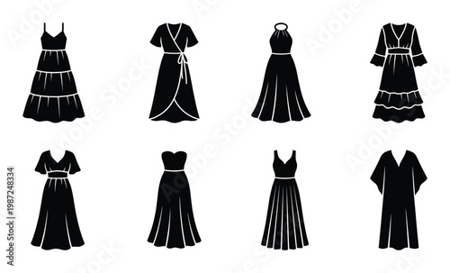 Maxi and midi dress silhouettes showcasing tiered skirts wrap styles and various necklines for women