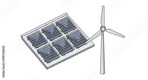 Renewable energy sources, solar panel and wind turbine illustration