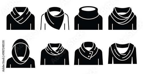 Neckline and scarf fashion icons set showing various sweater collar styles and winter accessories
