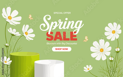 Spring sale advertisement with flowers and product display cylinders