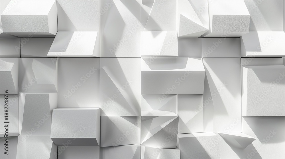 Fototapeta premium Minimalist office 3D pattern, soft shadows, light gray and white tones.