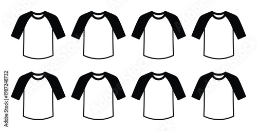 Raglan t-shirt icons set for baseball jersey design template and athletic apparel mockup collection
