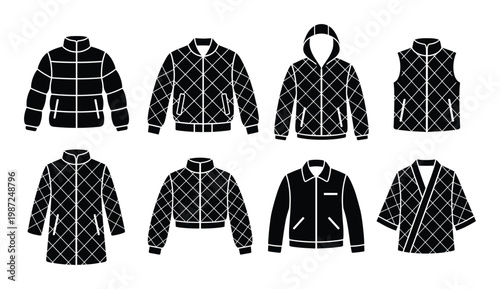 Quilted jacket and puffer coat vector icons set including bomber vests and winter outerwear styles
