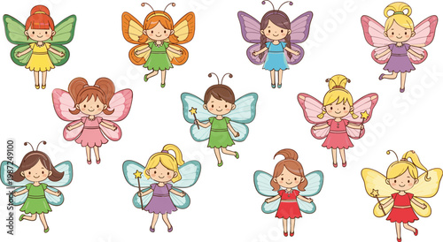 Cute Fairy Set with Colorful Wings and Dresses for Children's, Fantasy, and Magical Illustration Designs