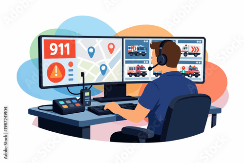 Emergency 911 Dispatcher Monitoring Call Center and Ambulance Units