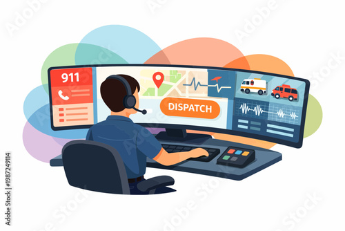 Emergency Dispatcher Working in 911 Control Center with Monitor