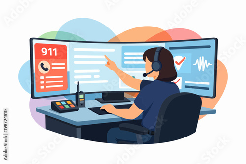 911 Emergency Dispatcher Working at Control Center Console